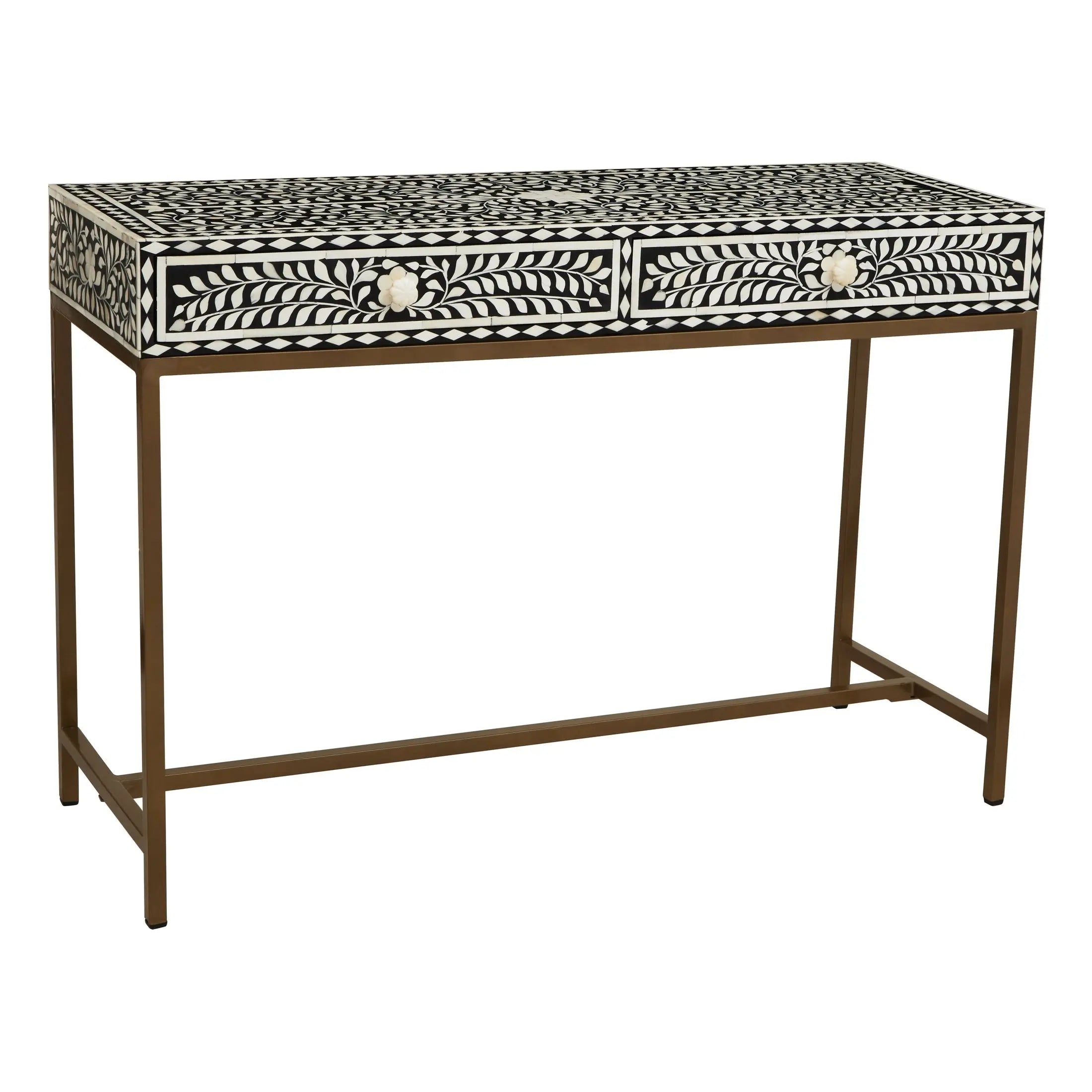Fusari Bone Inlay Console Table with 2 Drawers & Gold Base  Nicholas John Interiors