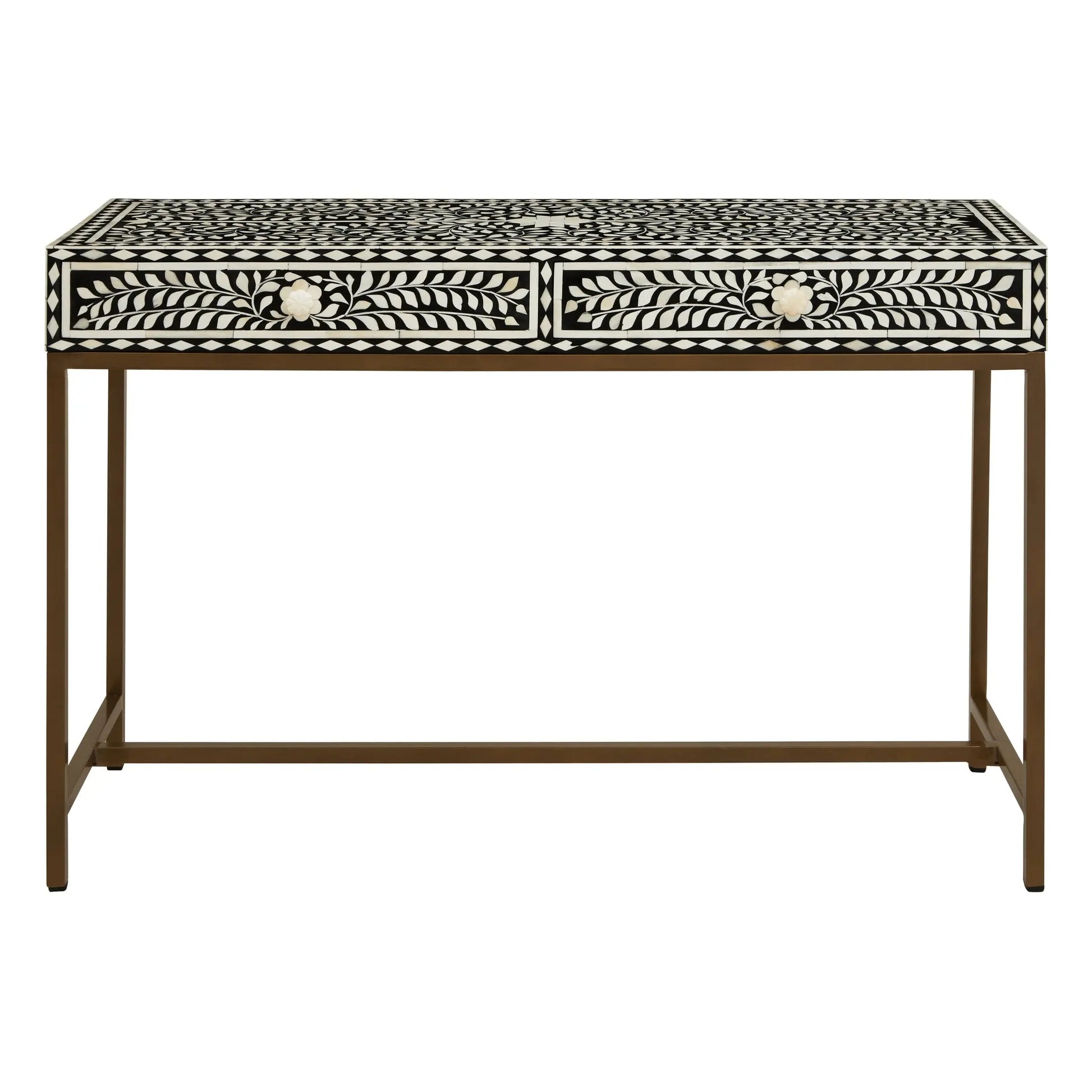 Fusari Bone Inlay Console Table with 2 Drawers & Gold Base  Nicholas John Interiors