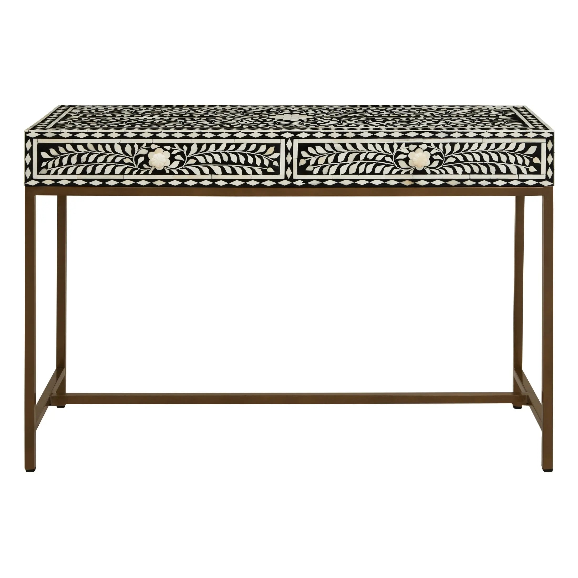 Fusari Bone Inlay Console Table with 2 Drawers & Gold Base  Nicholas John Interiors