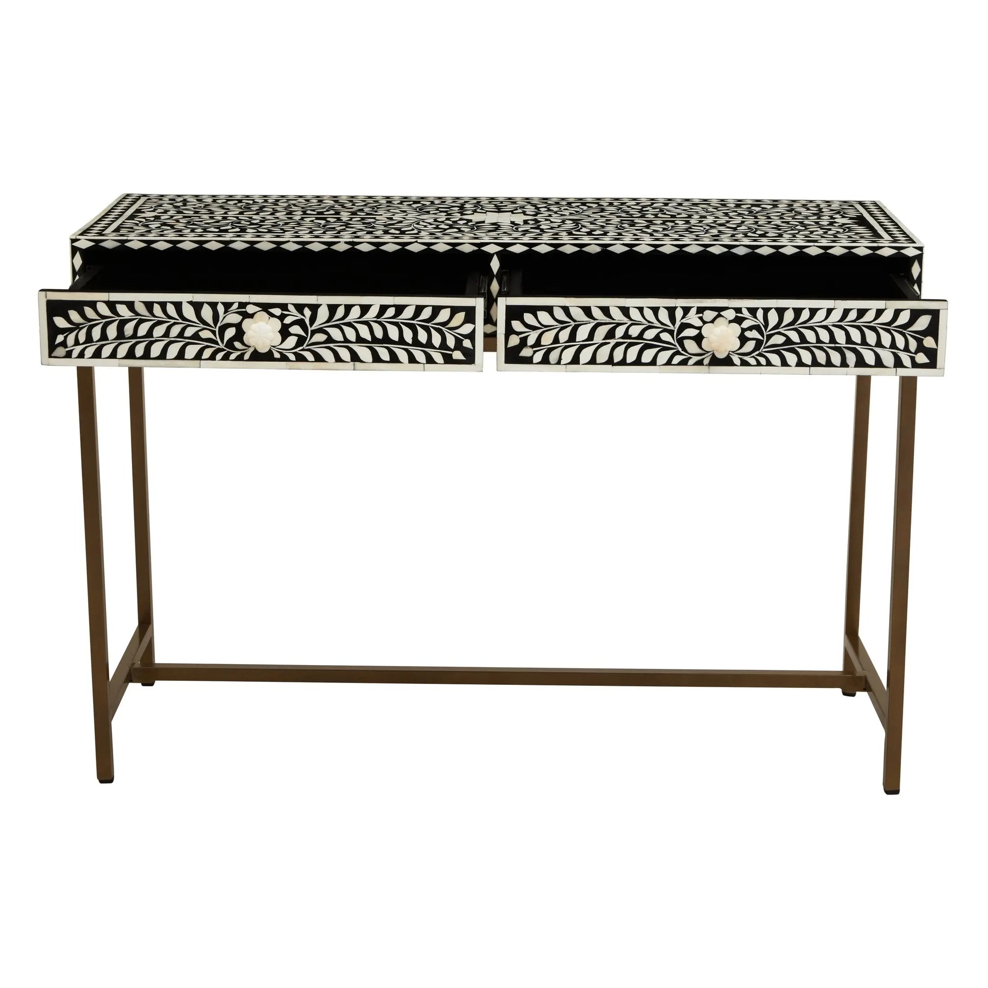 Fusari Bone Inlay Console Table with 2 Drawers & Gold Base  Nicholas John Interiors