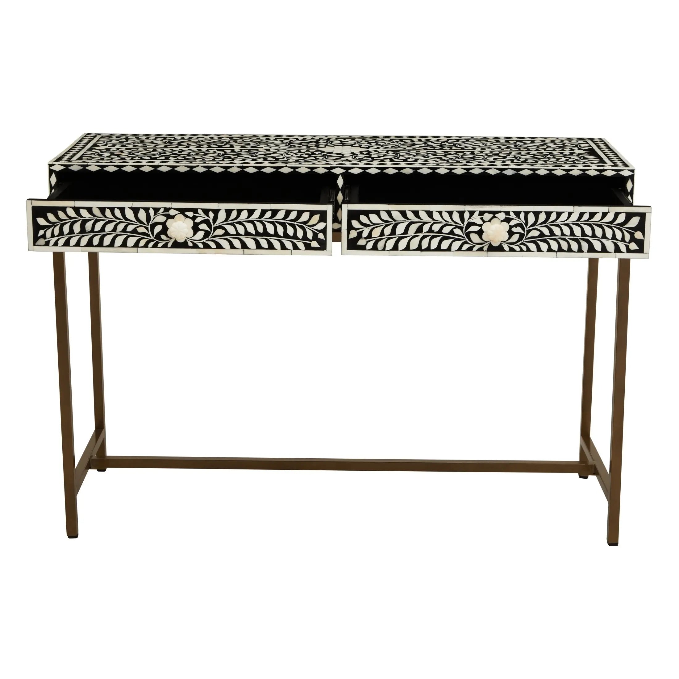 Fusari Bone Inlay Console Table with 2 Drawers & Gold Base  Nicholas John Interiors
