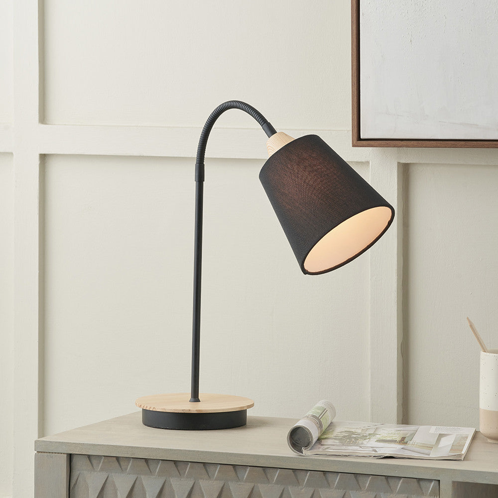 Juna Black Metal and Natural Wood Table Lamp  Nicholas John Interiors