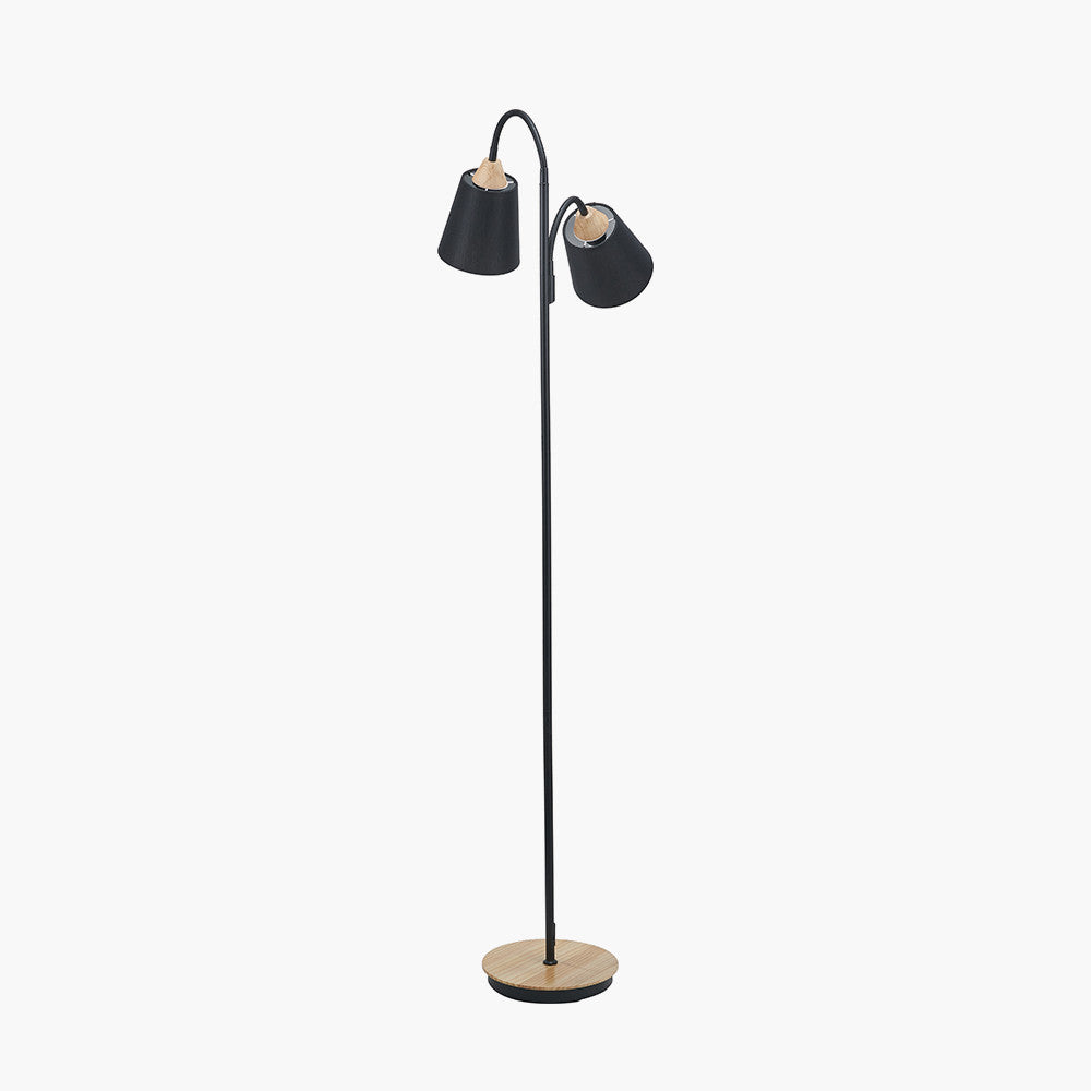 Juna Black Metal and Natural Wood Two Head Floor Lamp  Nicholas John Interiors