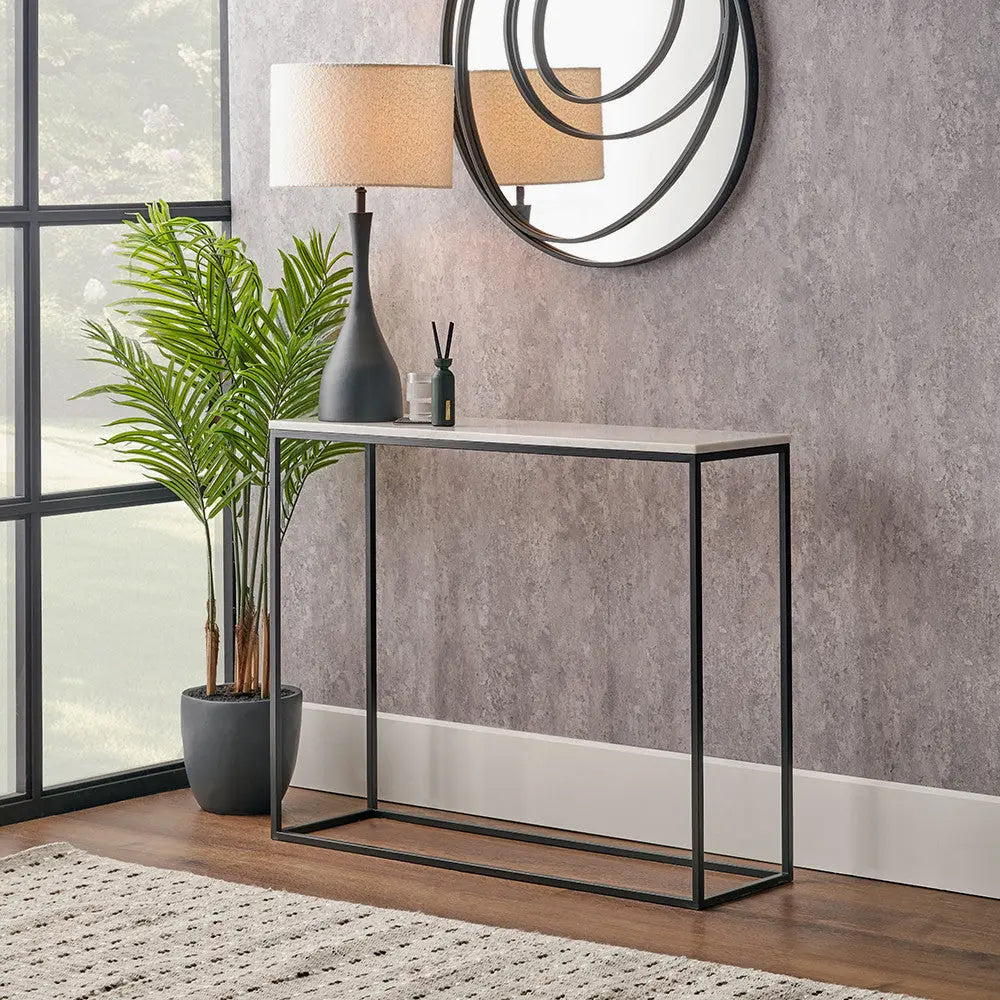 Kalani White Marble and Black Metal Rectangular Console Table  Nicholas John Interiors
