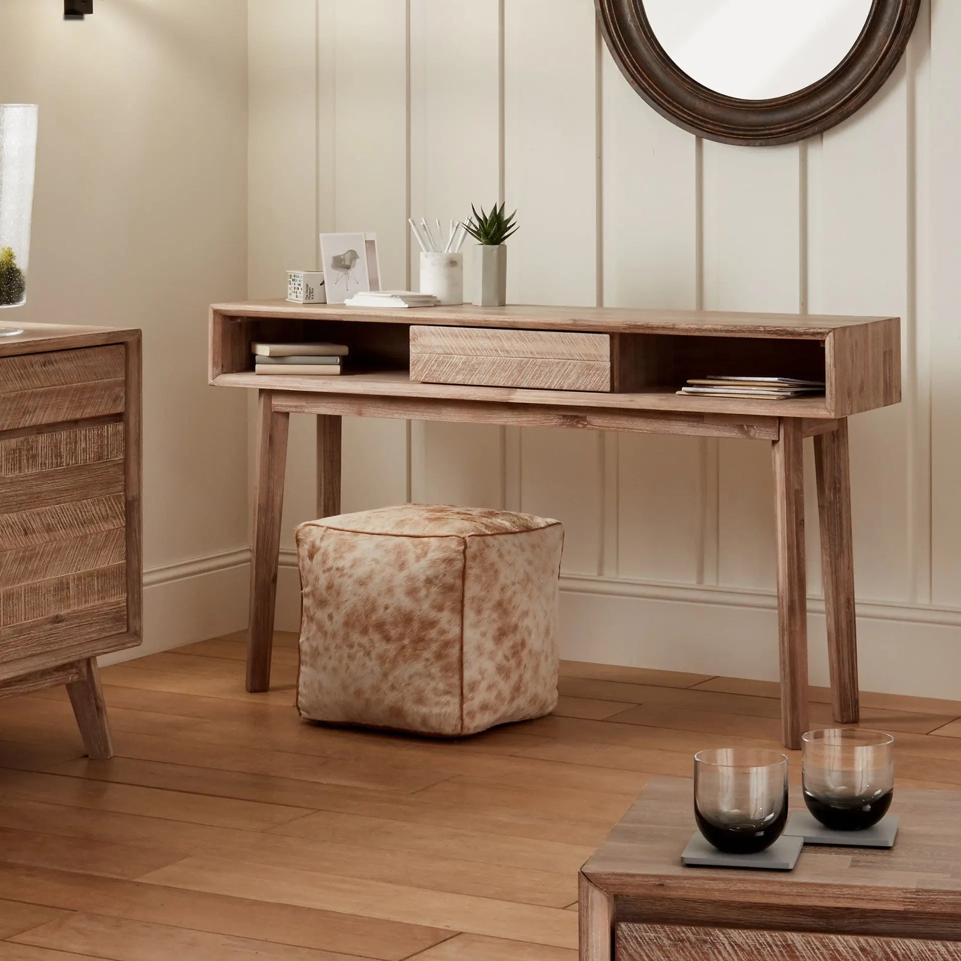 Kalmar Sand Wash Acacia Wood 1 Drawer Console Table  Nicholas John Interiors