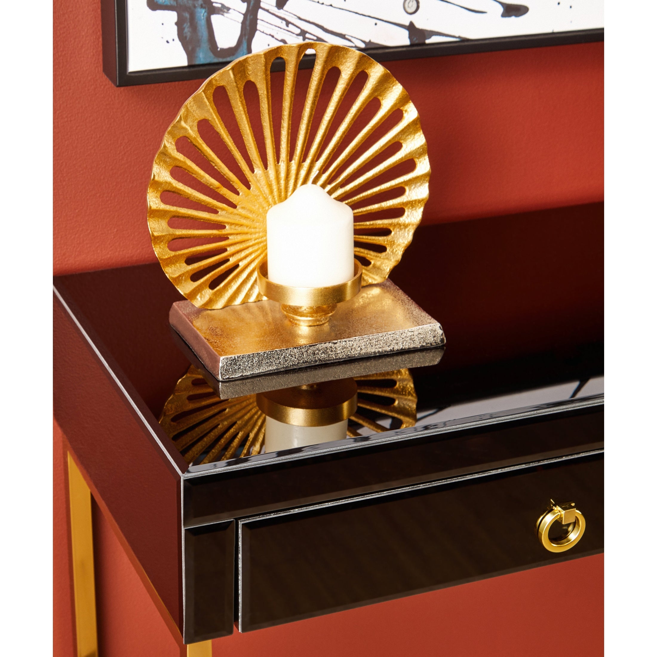 Kenswick Townhouse Black Mirror Console Table with Gold Frame  Nicholas John Interiors