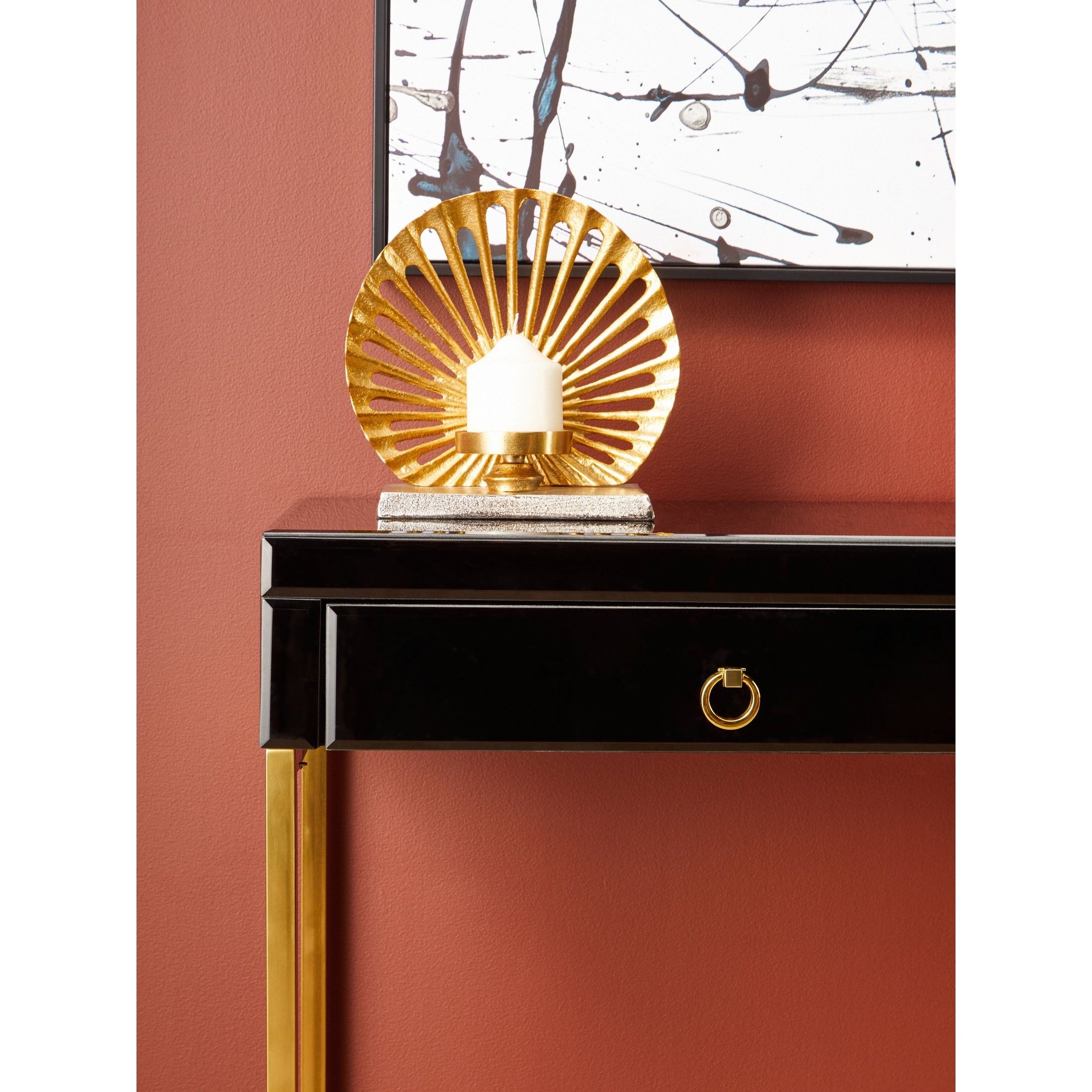 Kenswick Townhouse Black Mirror Console Table with Gold Frame  Nicholas John Interiors