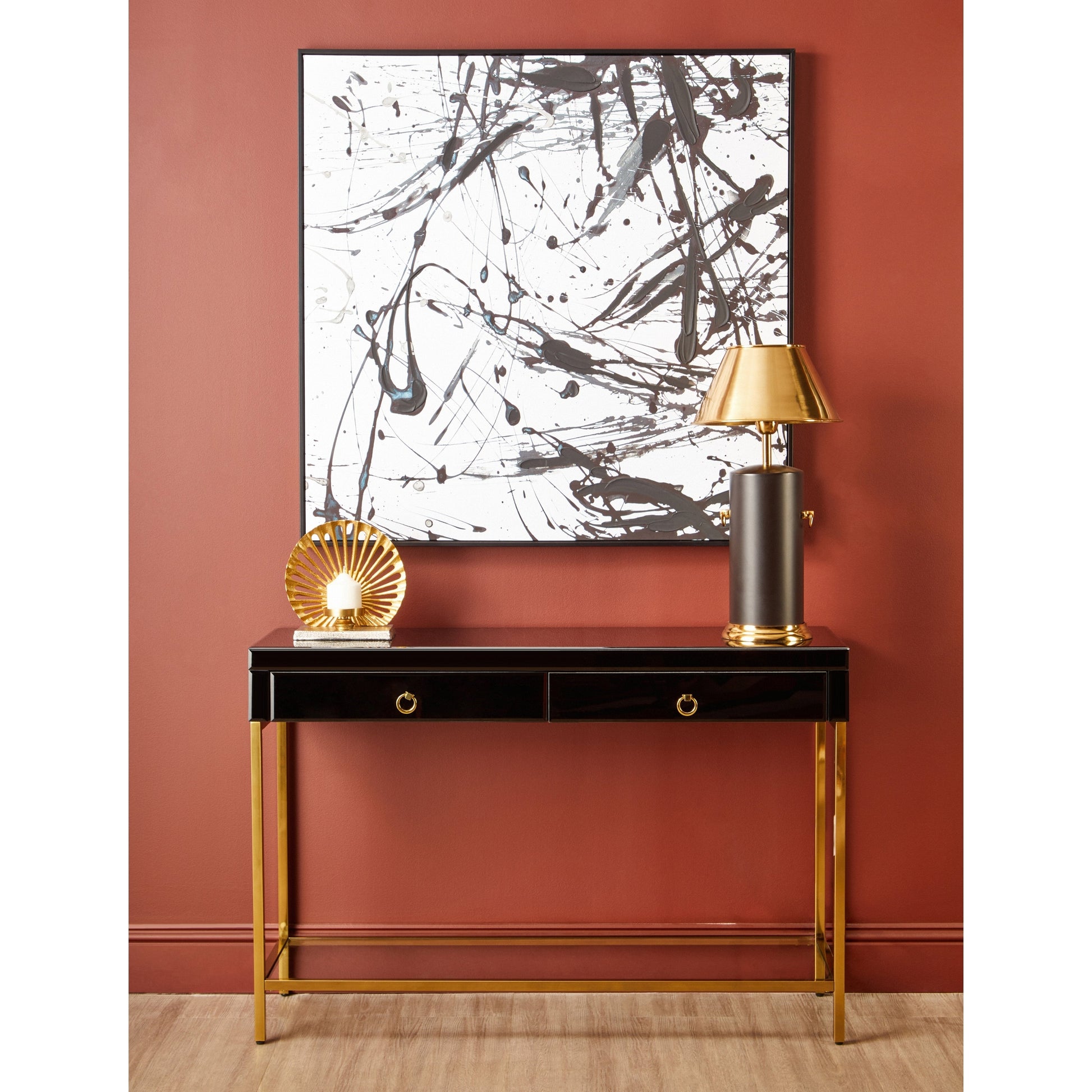 Kenswick Townhouse Black Mirror Console Table with Gold Frame  Nicholas John Interiors