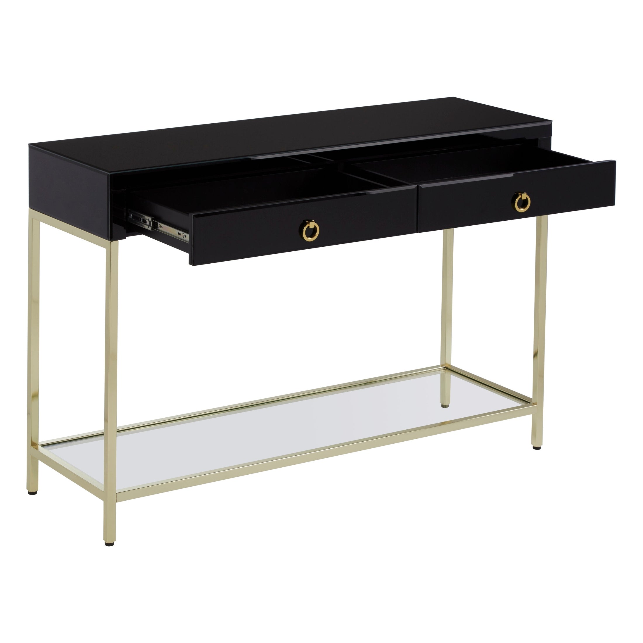 Kenswick Townhouse Black Mirror Console Table with Gold Frame  Nicholas John Interiors