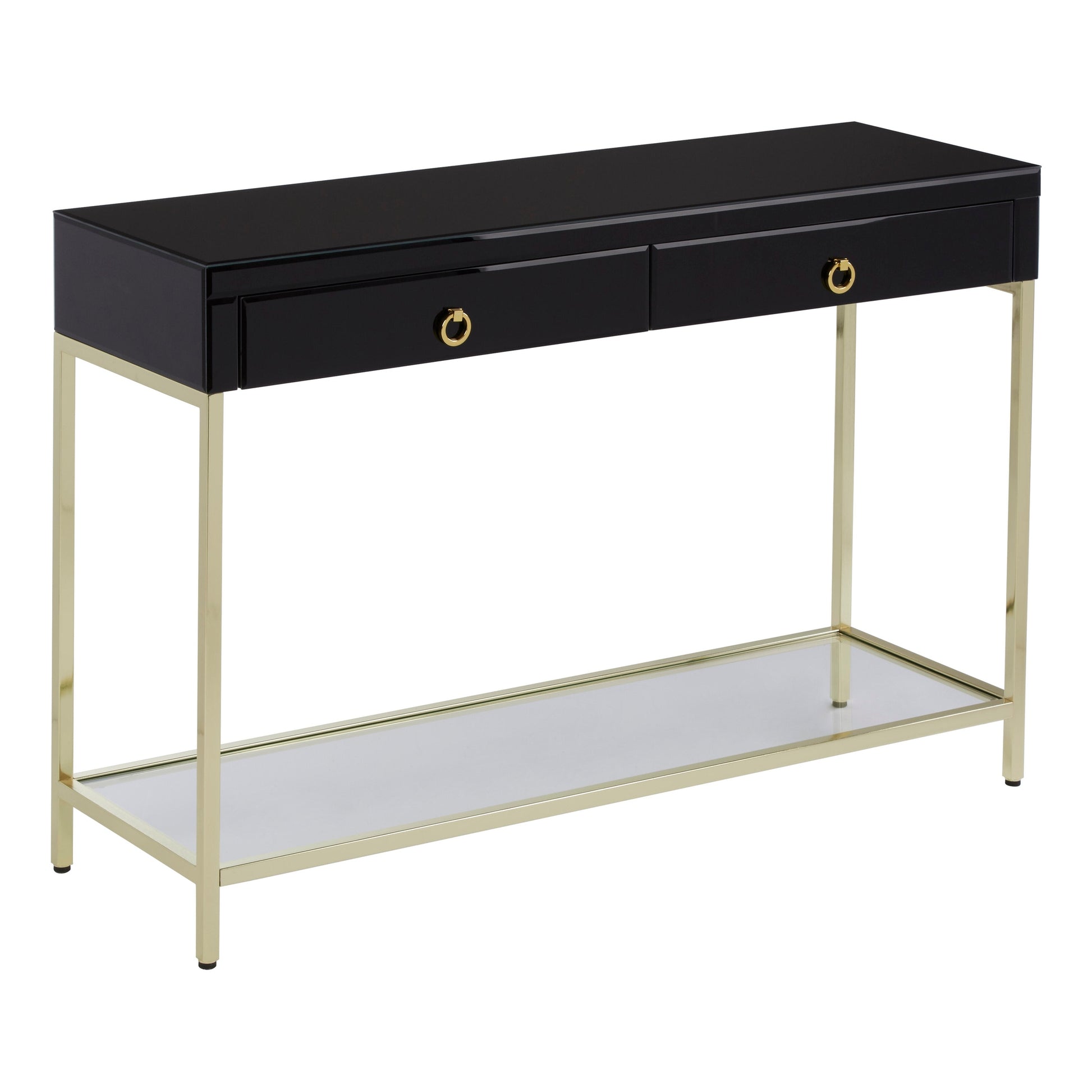 Kenswick Townhouse Black Mirror Console Table with Gold Frame  Nicholas John Interiors