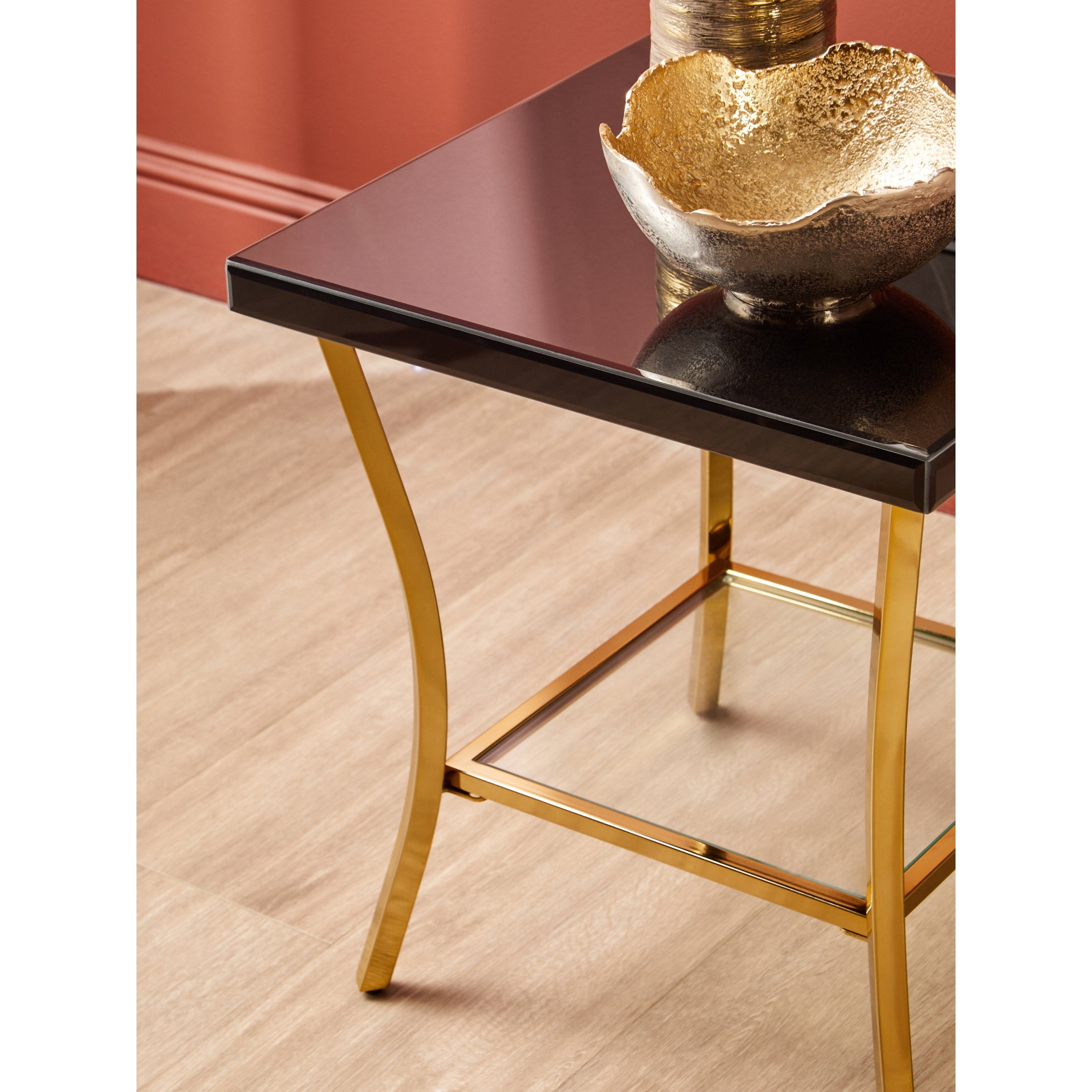 Kenswick Townhouse Black Mirror Side Table with Gold Legs  Nicholas John Interiors