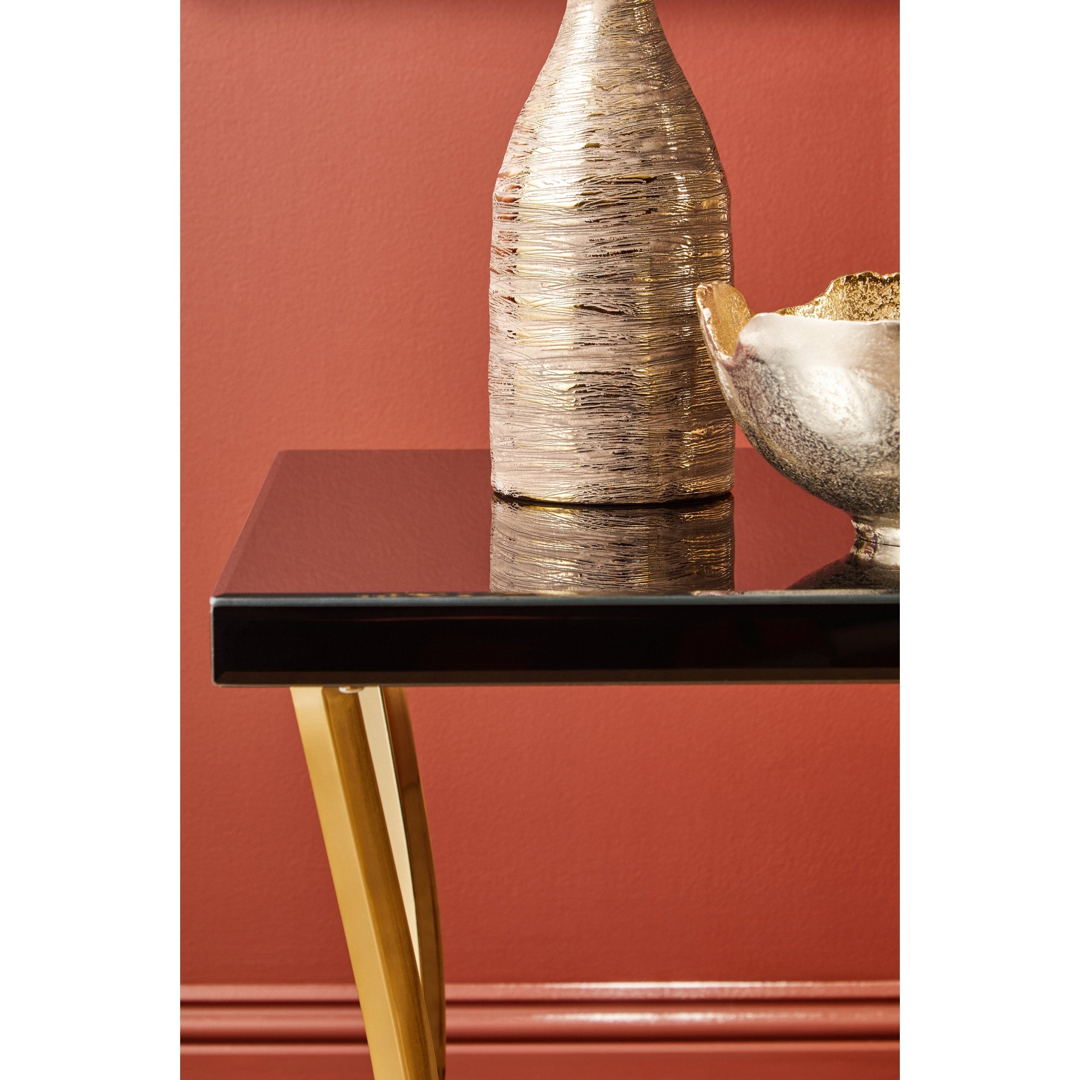 Kenswick Townhouse Black Mirror Side Table with Gold Legs  Nicholas John Interiors