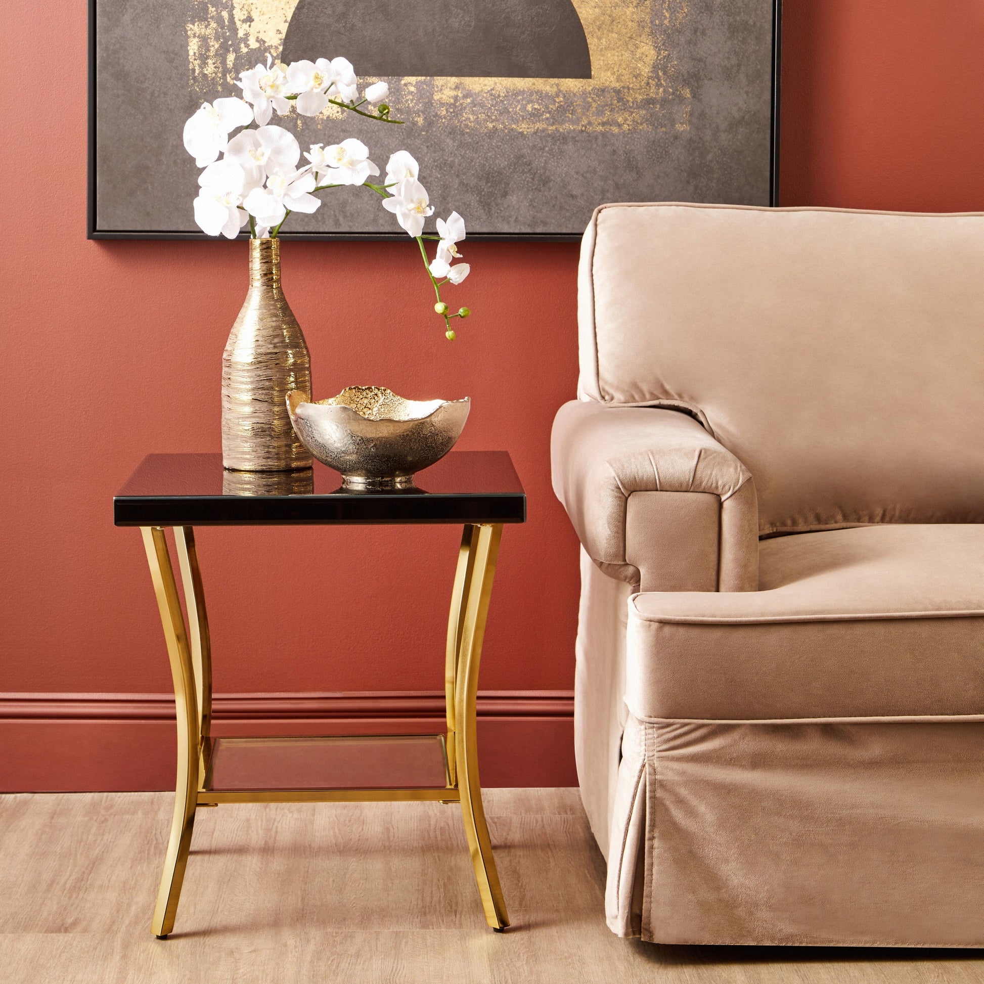 Kenswick Townhouse Black Mirror Side Table with Gold Legs  Nicholas John Interiors