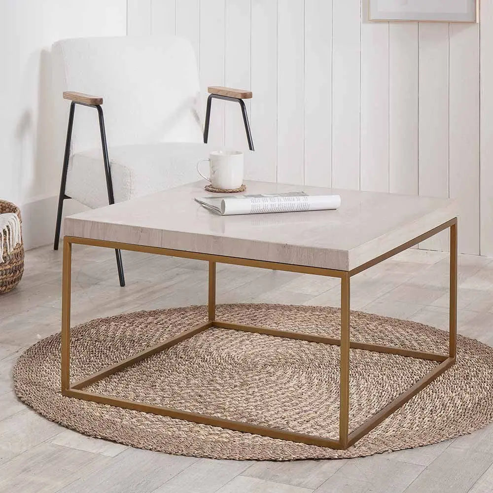 Madison Beige Granite and Burnished Gold Metal Square Coffee Table  Nicholas John Interiors