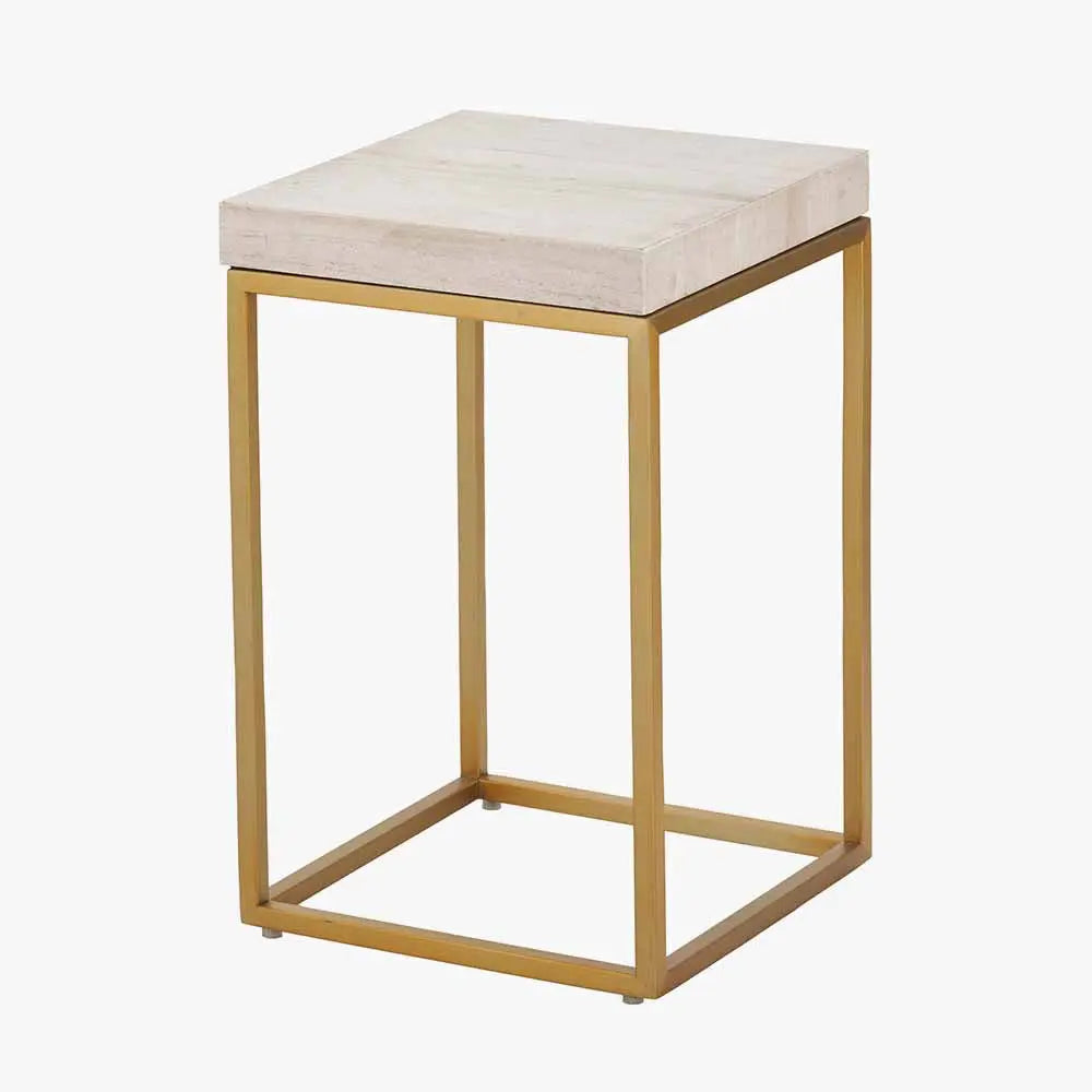 Madison Beige Granite and Burnished Gold Metal Square Side Table  Nicholas John Interiors
