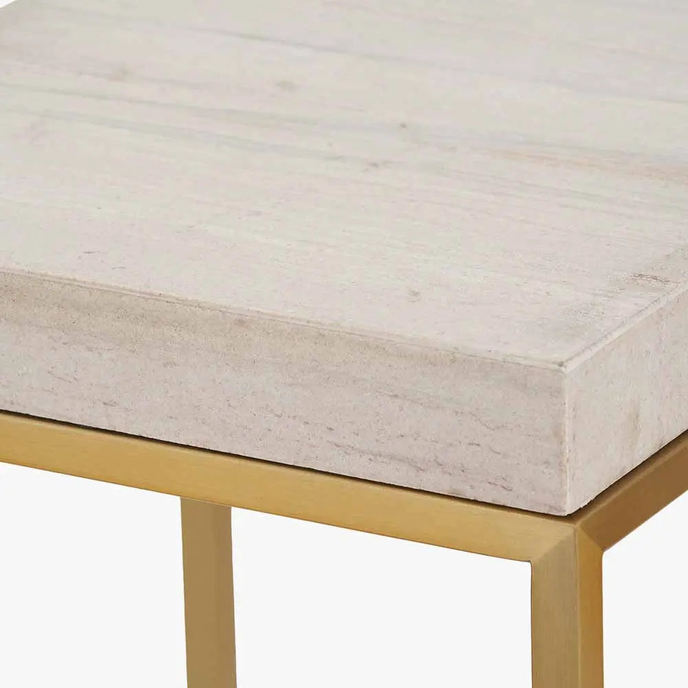 Madison Beige Granite and Burnished Gold Metal Square Side Table  Nicholas John Interiors