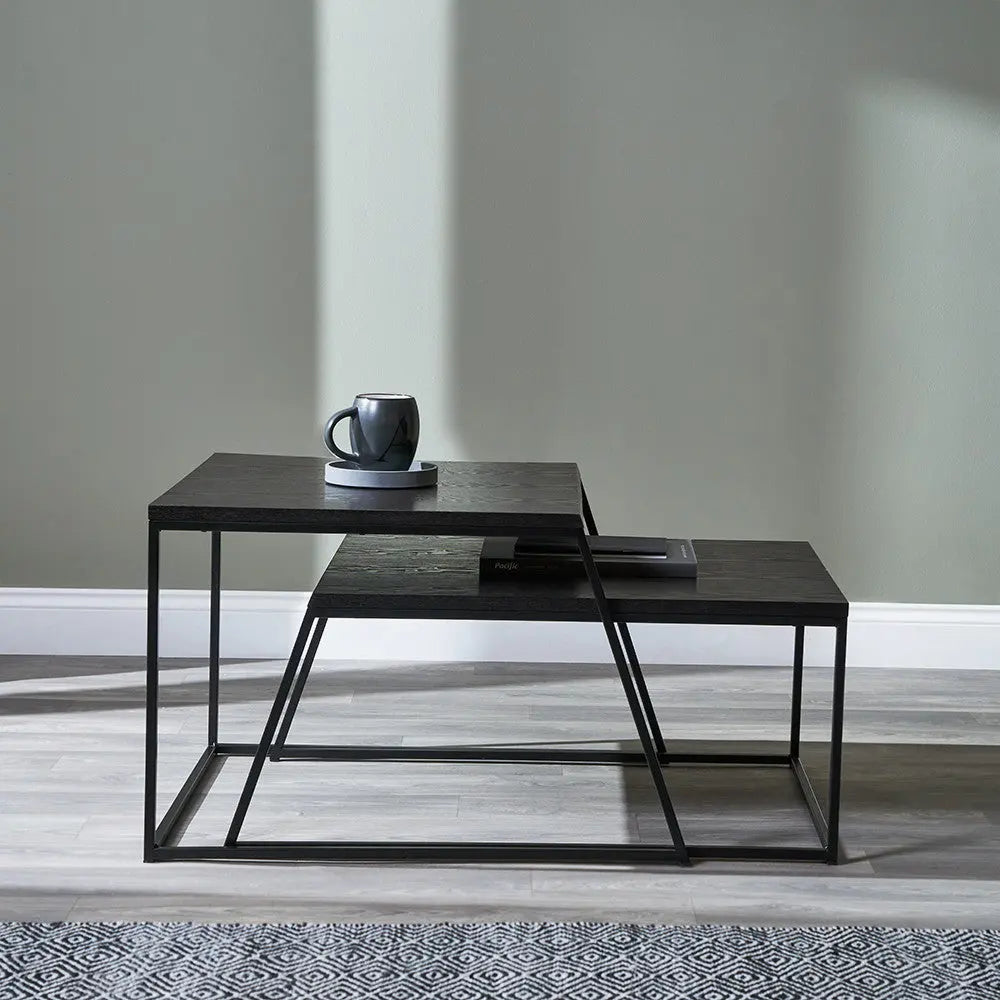 Mashiko S/2 Black Ash Veneer and Black Metal Coffee Tables  Nicholas John Interiors