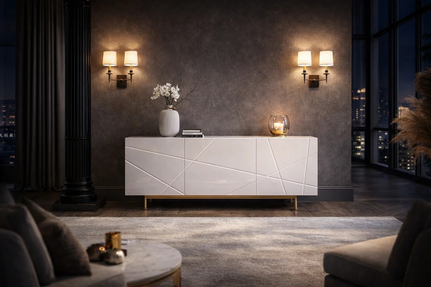 Modern living room with a white sideboard, decorative items, and wall lights.