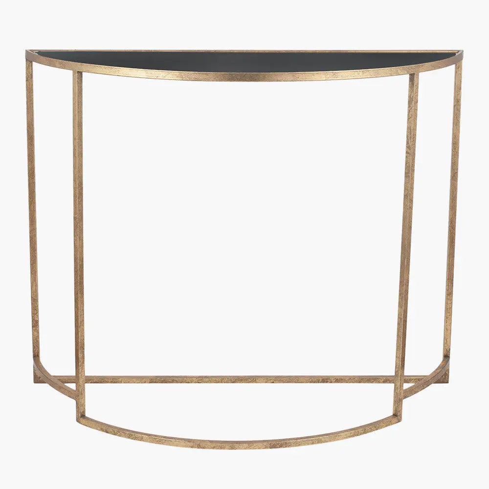 Veneziano Antique Gold Metal and Black Glass Half Moon Console Table  Nicholas John Interiors