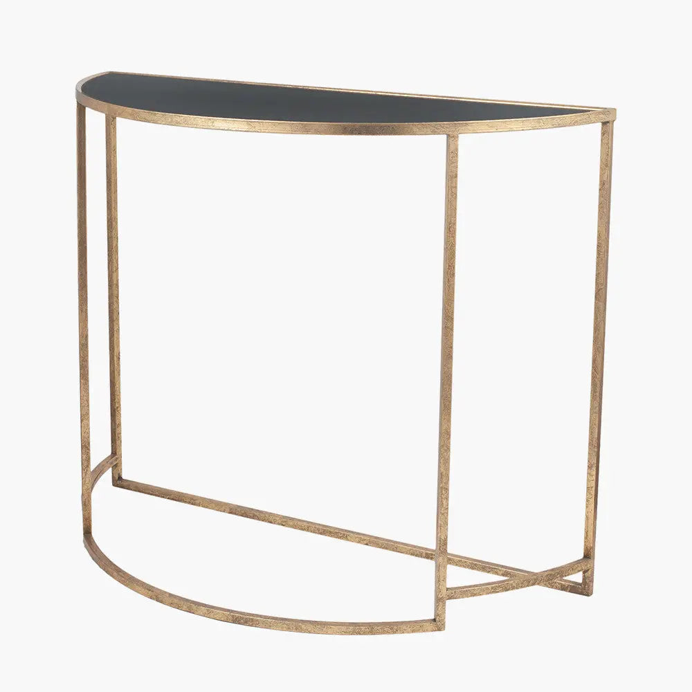 Veneziano Antique Gold Metal and Black Glass Half Moon Console Table  Nicholas John Interiors