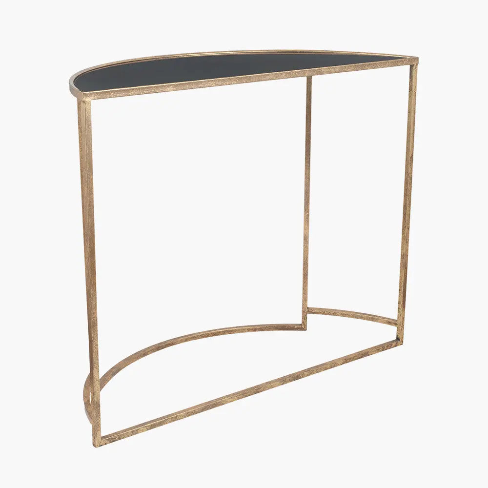 Veneziano Antique Gold Metal and Black Glass Half Moon Console Table  Nicholas John Interiors