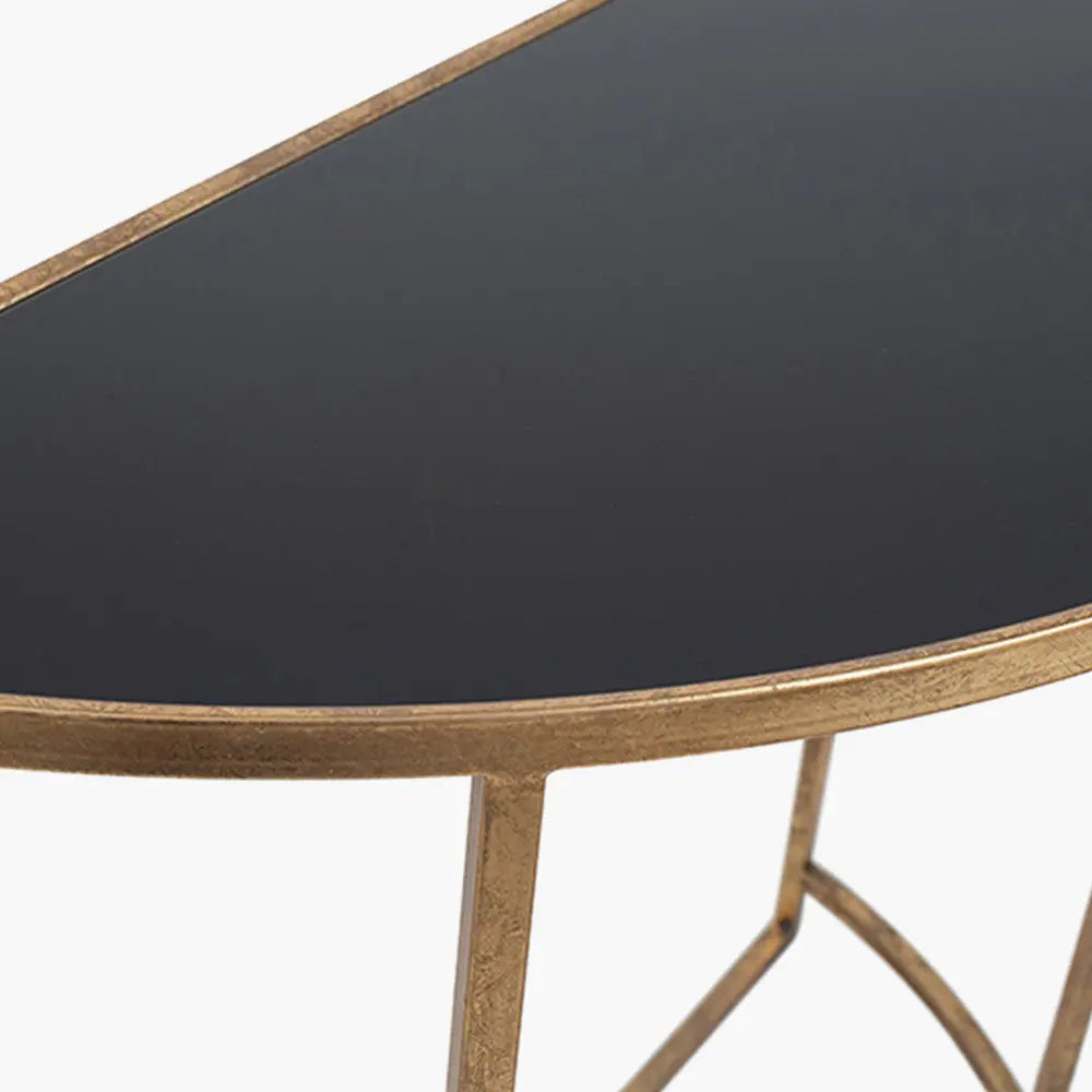 Veneziano Antique Gold Metal and Black Glass Half Moon Console Table  Nicholas John Interiors