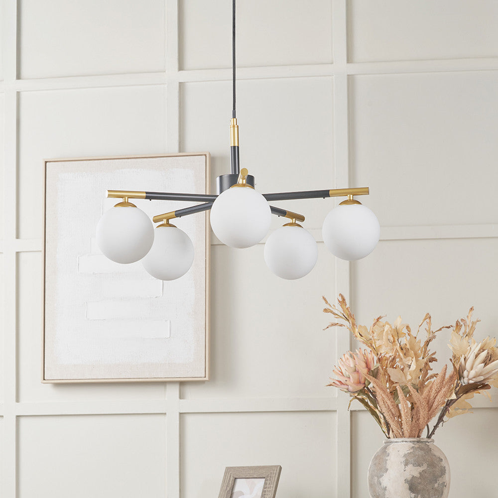Wanda White Orb and Black Metal 5 Light Pendant  Nicholas John Interiors