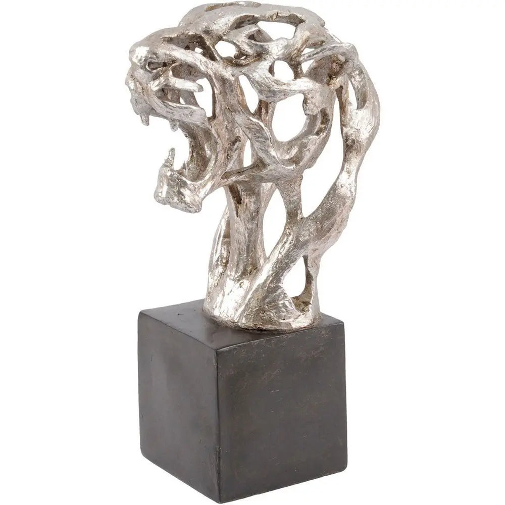 Abstract Tiger Head Sculpture in Silver Resin