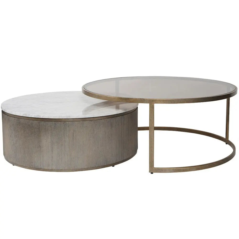 Bellagio Aged Gold Set of 2 Nesting Coffee Tables with Marble and Tinted Glass Coffee Table