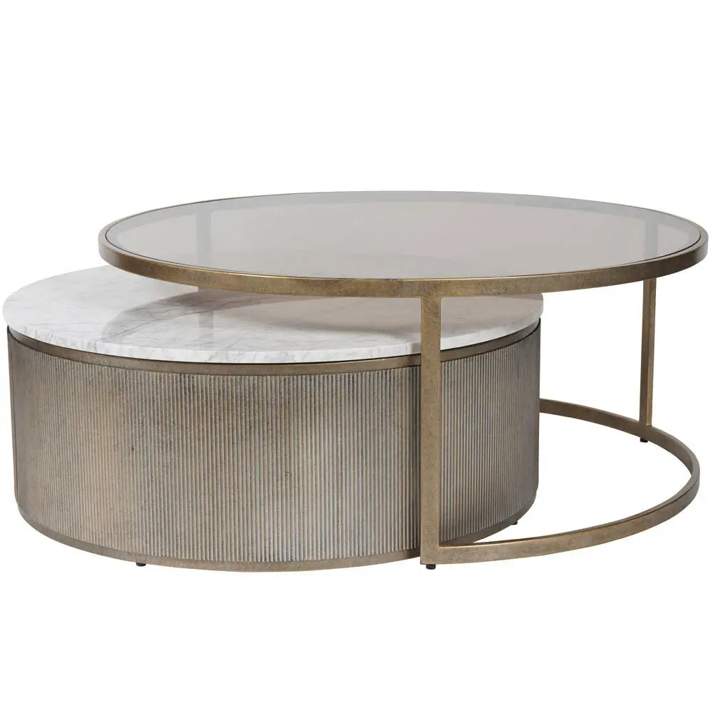 Bellagio Aged Gold Set of 2 Nesting Coffee Tables with Marble and Tinted Glass Coffee Table