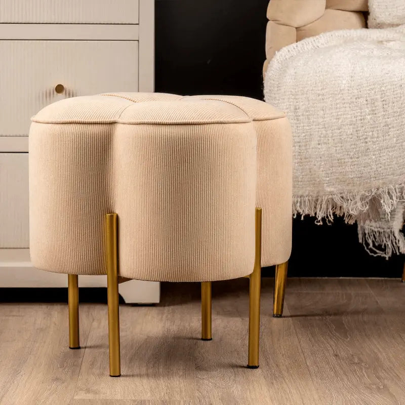 Cream Velvet Clover Ottoman with Gold Legs Stool