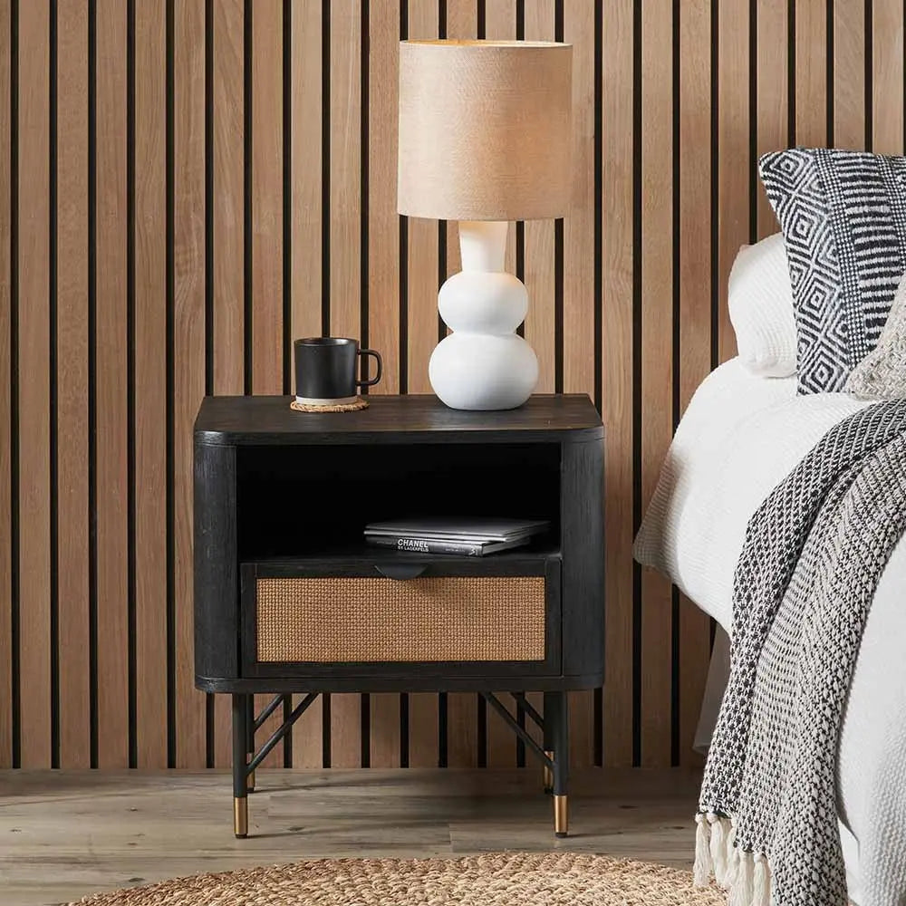 Fiji 1 Drawer Bedside in Black Acacia Wood & Natural Rattan - Pacific Lifestyle Bedside Tables