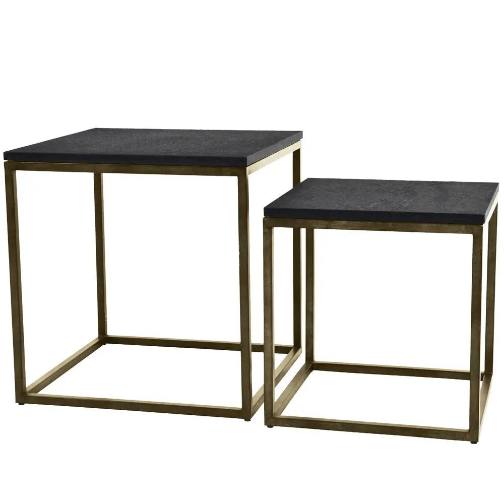 Kenton Iron Set of 2 Side Tables in Aged Champagne Finish with Galaxy Slate