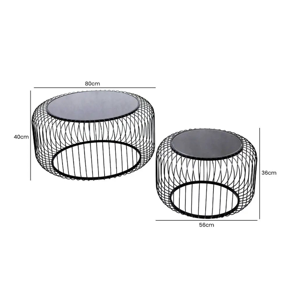 Set of 2 Black Metal with Black Glass Top Coffee Table Coffee Table