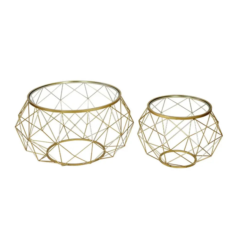 Set of 2 Gold Metal Mesh Coffee Table with Glass Top Coffee Table