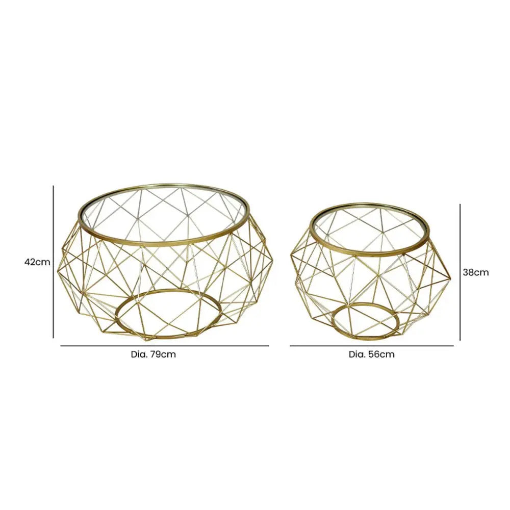 Set of 2 Gold Metal Mesh Coffee Table with Glass Top Coffee Table