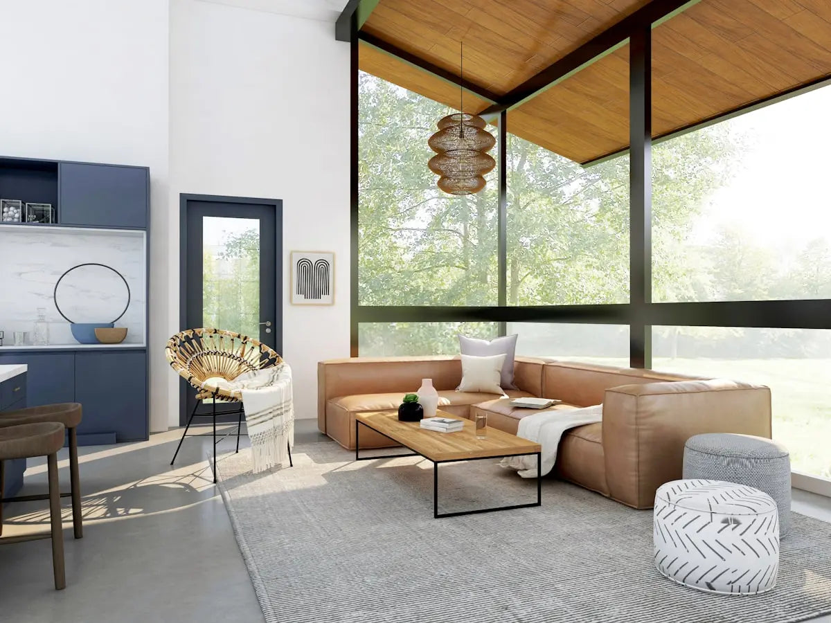 Living room with dark wood furniture and warm lighting