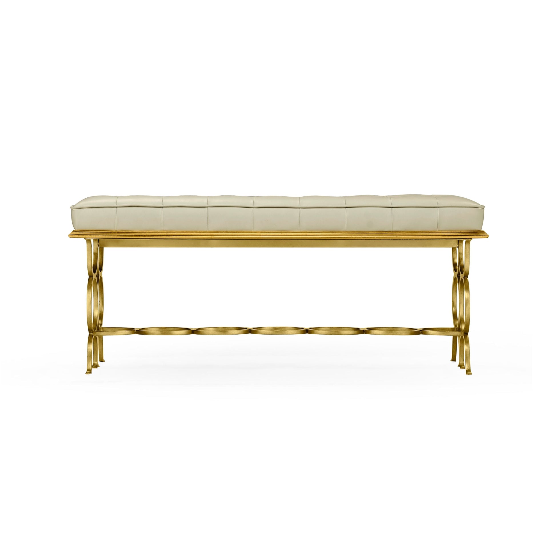 Rear profile of Jonathan Charles Bench Circles bench showing seven connected circular rings in gold iron stretcher