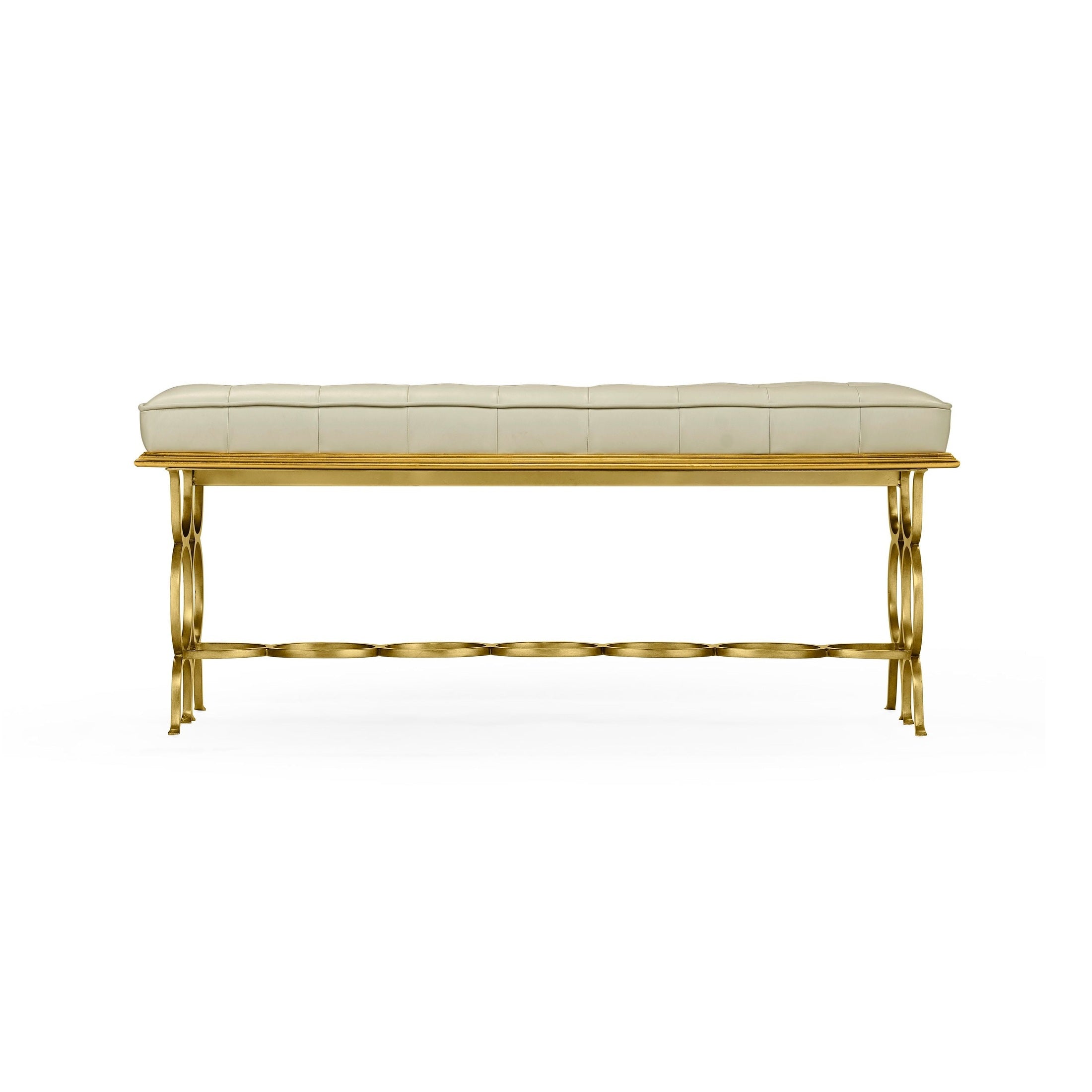 Rear profile of Jonathan Charles Bench Circles bench showing seven connected circular rings in gold iron stretcher