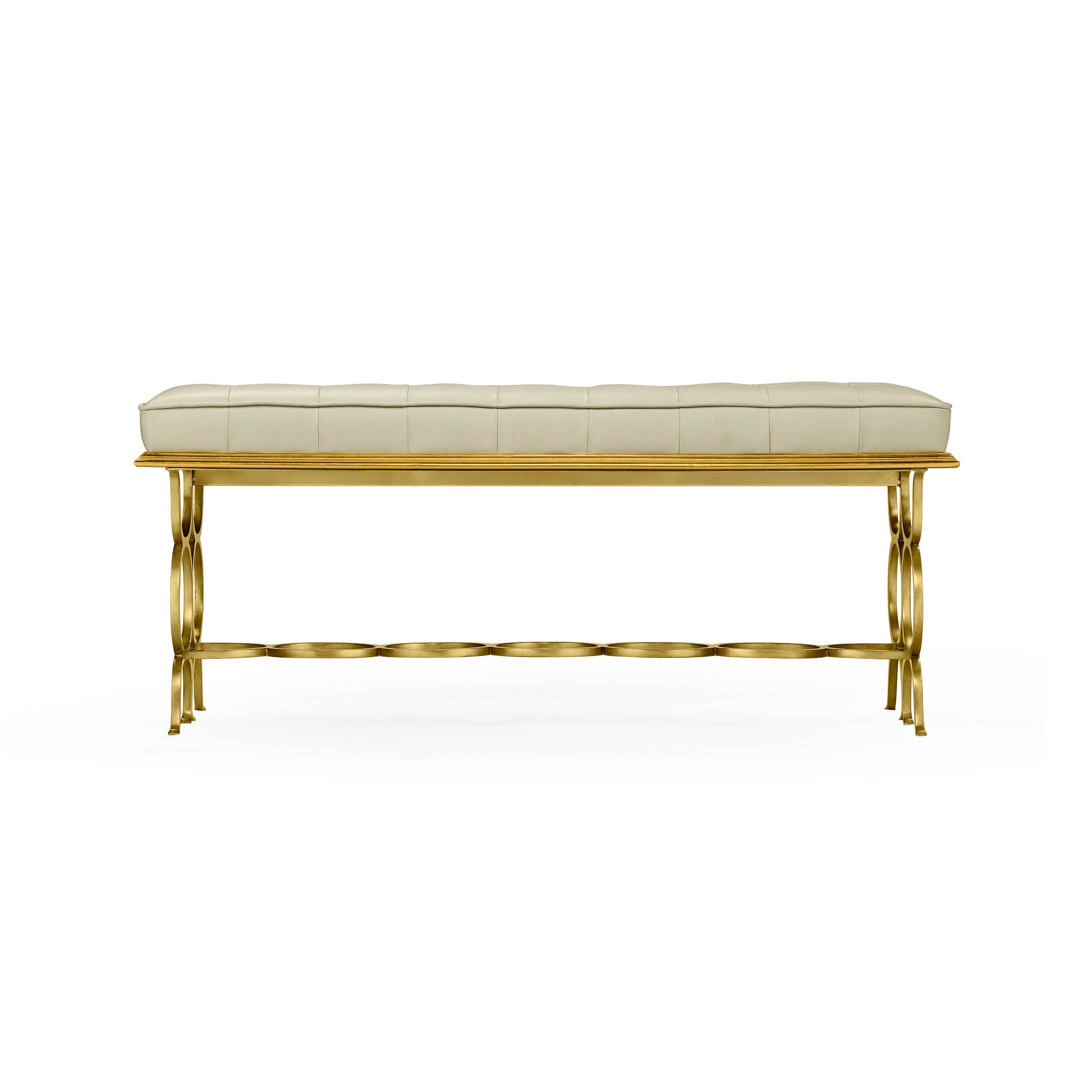 Rear profile of Jonathan Charles Bench Circles bench showing seven connected circular rings in gold iron stretcher