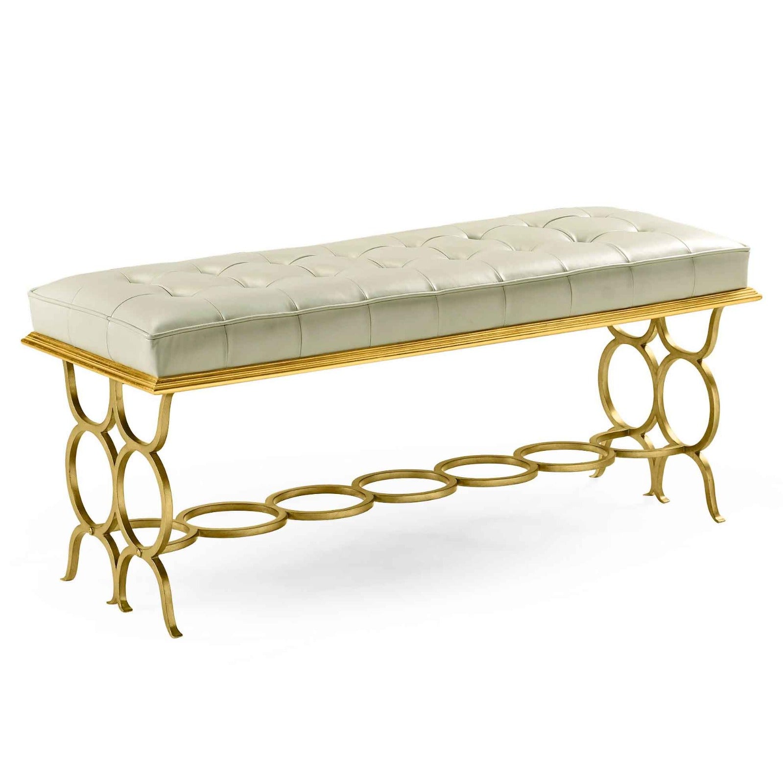 Front studio shot of Jonathan Charles Bench Circles with cream tufted seat and polished gold wrought iron frame