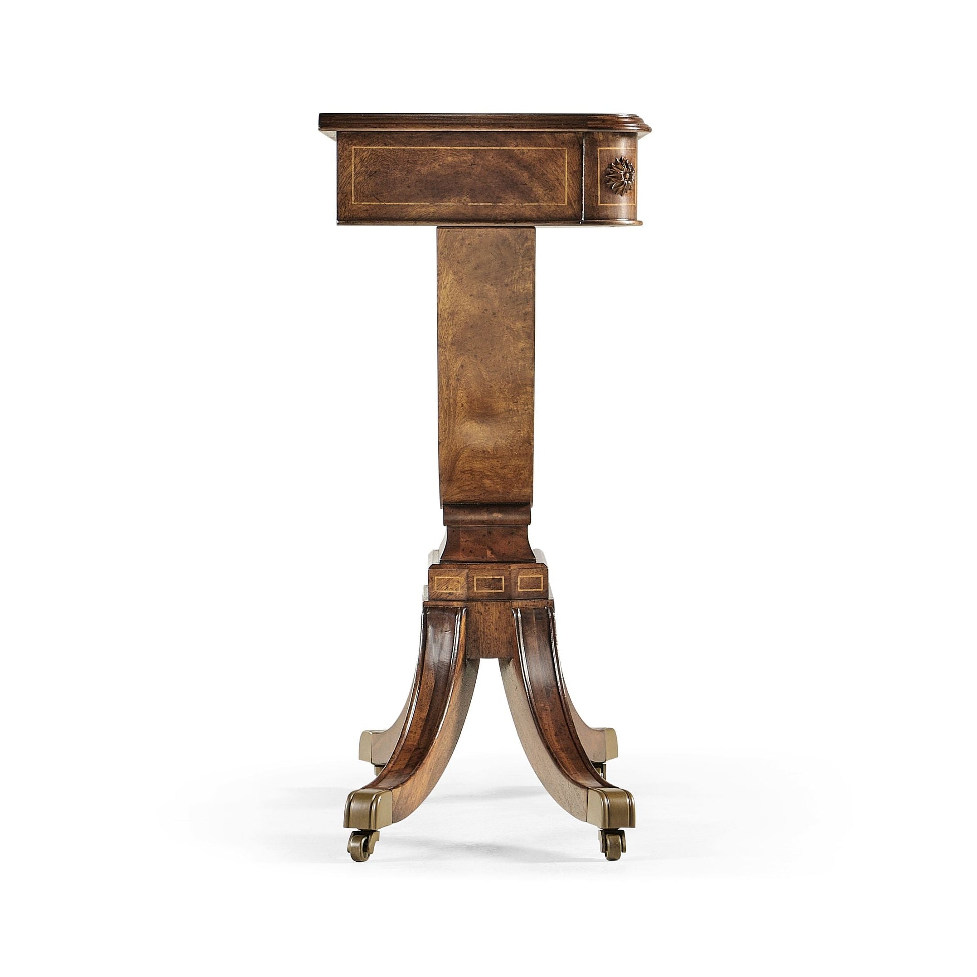 Jonathan Charles Small Biedermeier console table on castors full view with flared tripod legs and single drawer
