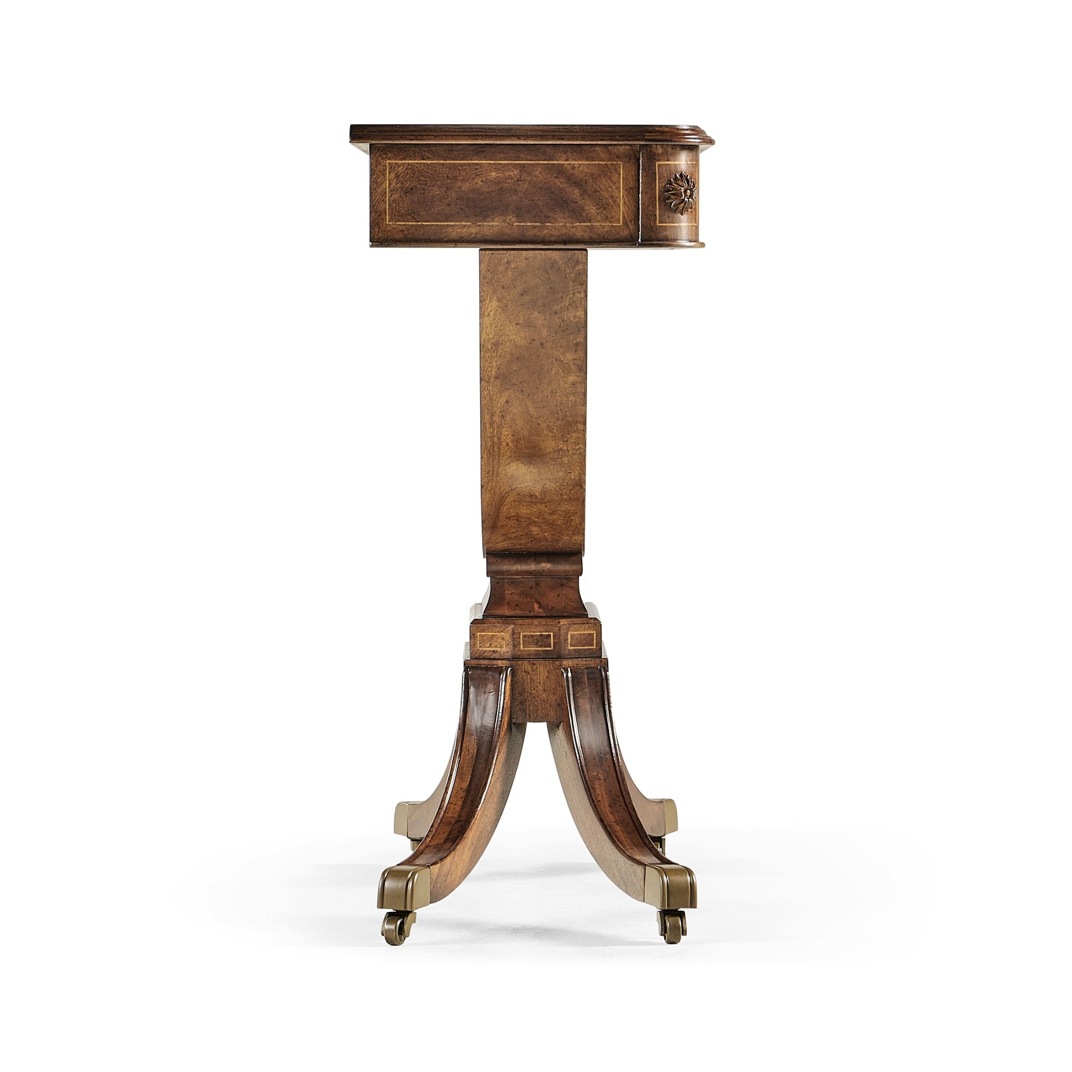 Jonathan Charles Small Biedermeier console table on castors full view with flared tripod legs and single drawer