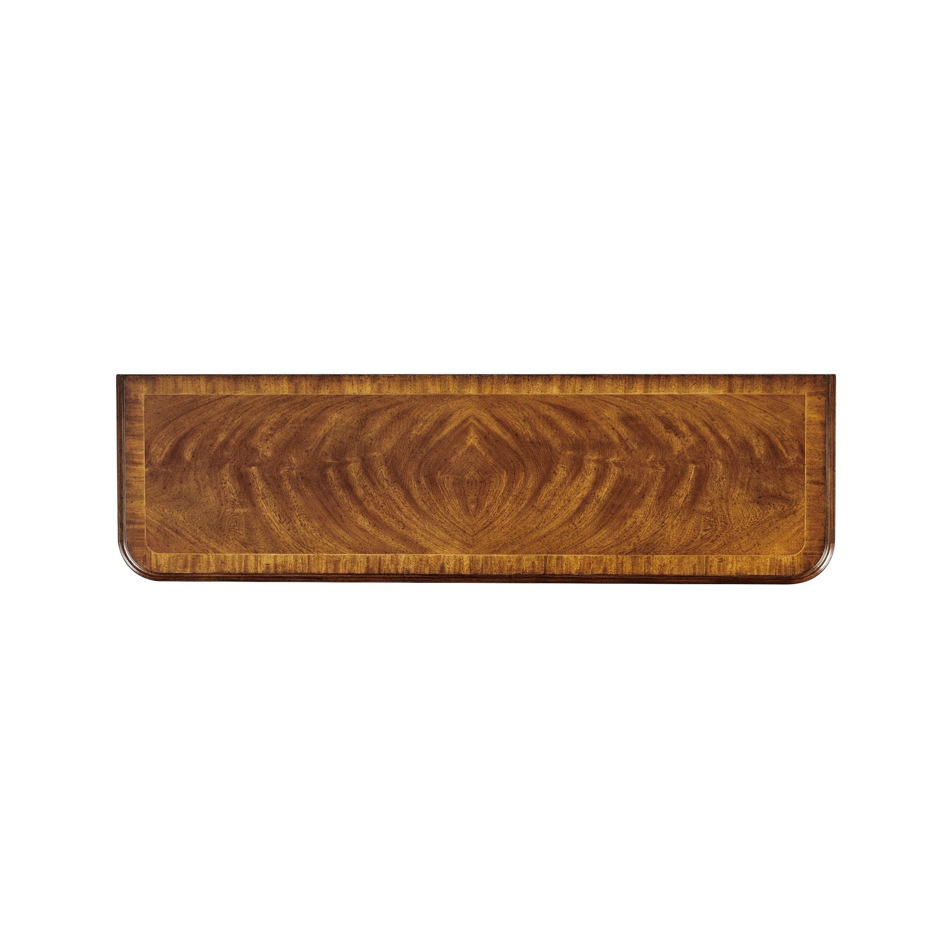 Top-down view of Jonathan Charles Biedermeier console table crotch walnut veneer with diamond swirl pattern