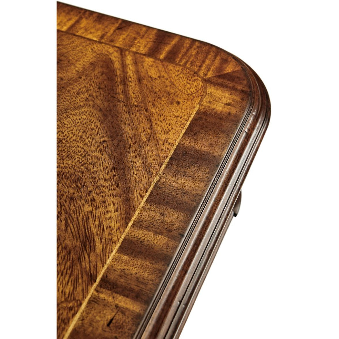 Close-up of Jonathan Charles Biedermeier console table crotch walnut veneer with swirling grain and beveled edge