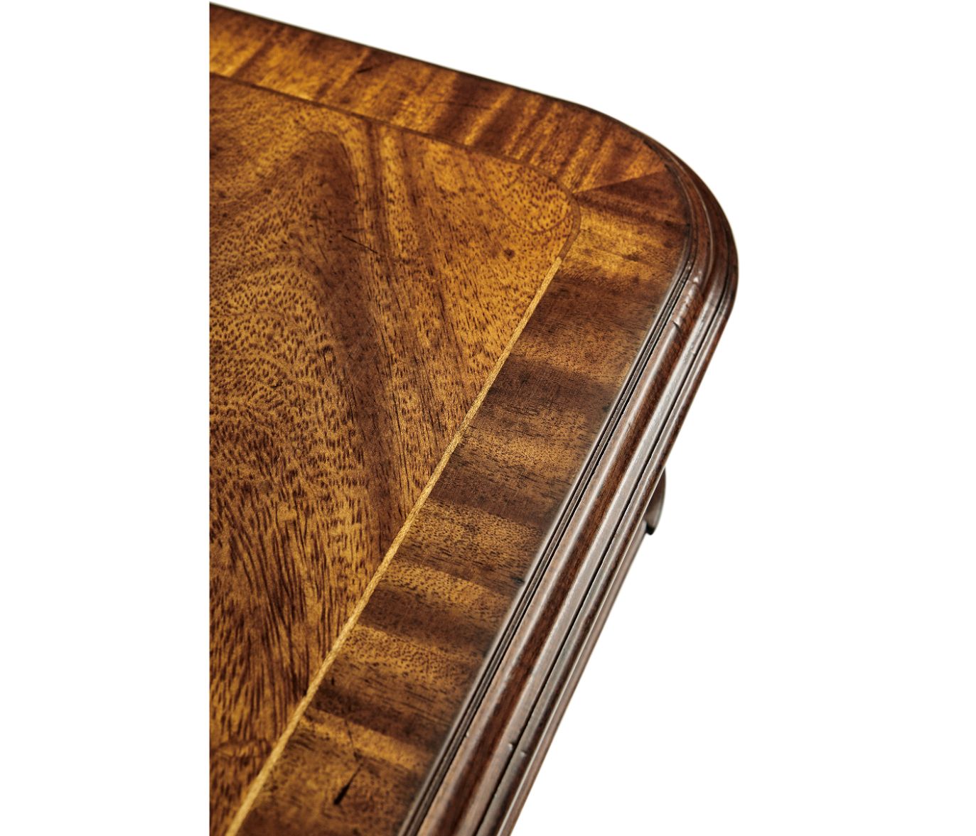 Close-up of Jonathan Charles Biedermeier console table crotch walnut veneer with swirling grain and beveled edge
