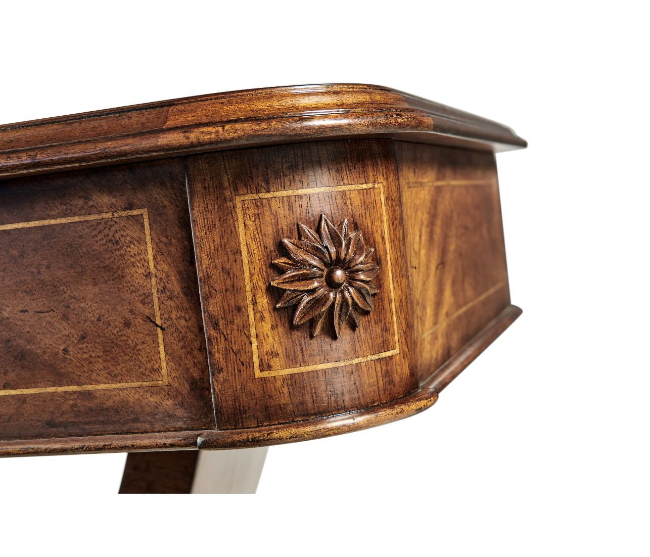 Jonathan Charles Biedermeier console table drawer front featuring carved flower rosette and gold stringing inlay