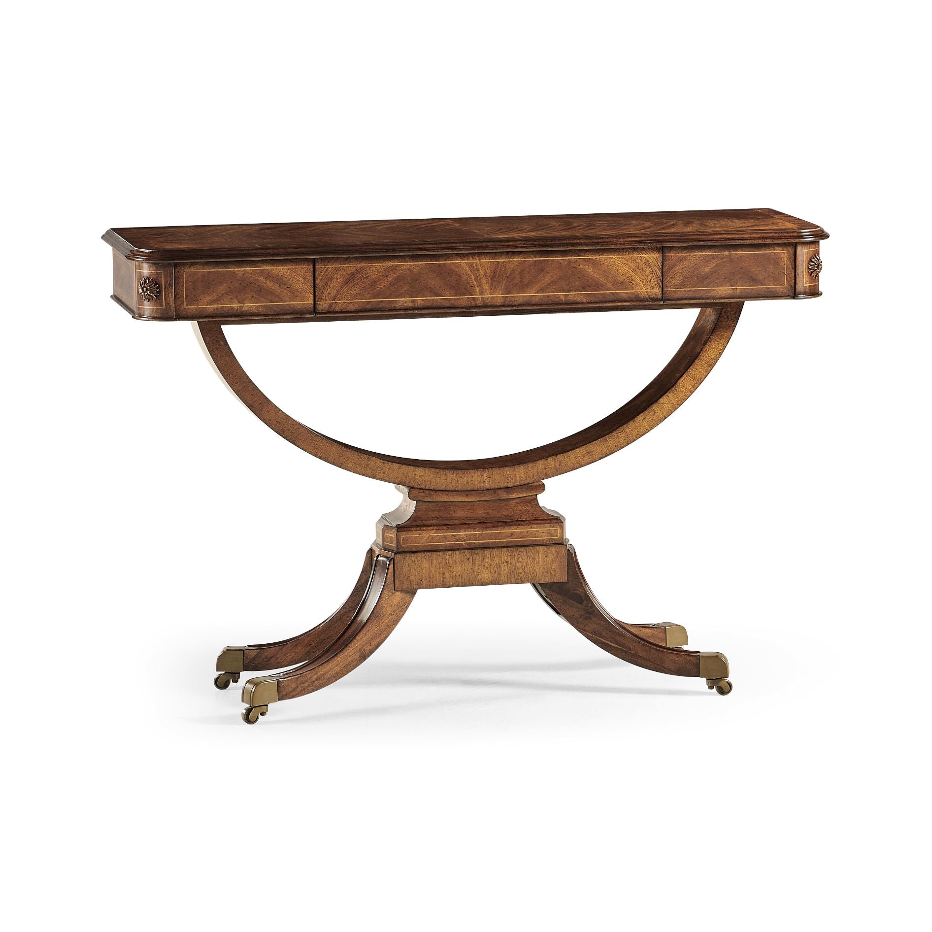 Jonathan Charles Biedermeier console table three-drawer design with U-shaped stretcher and brass castor base