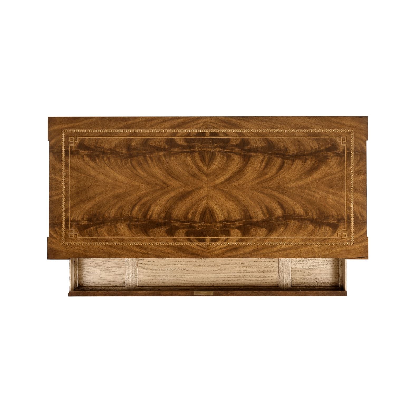 Open drawer interior showing flamed mahogany grain, mirrored motif, and Greek key inlay detail
