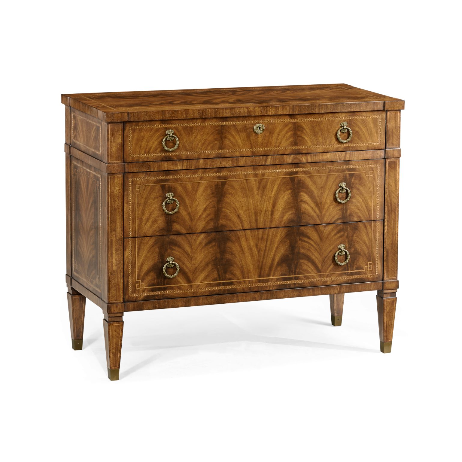 Front view of Jonathan Charles Monarch three-drawer dresser with tapered legs and ring pulls